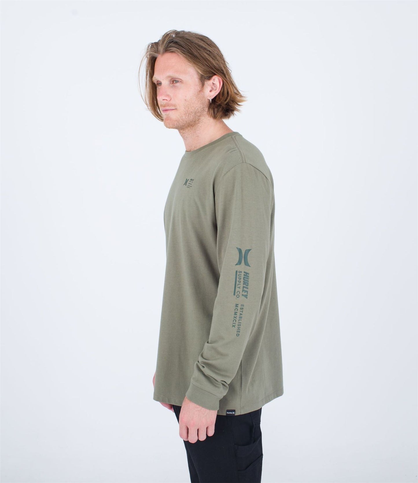 Hurley Mens H20-Dri, UPF50, LS T-Shirt ~ Everyday Explore Supply army green