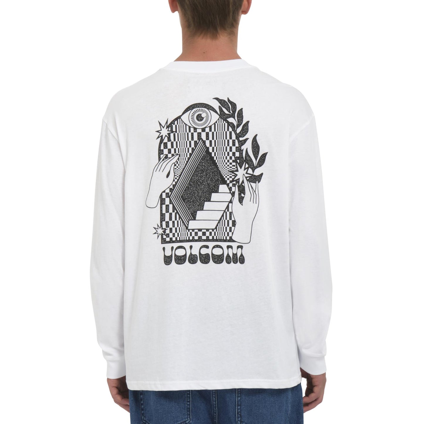 Volcom Mens LS Cotton Crew Neck T-Shirt ~ Stairway white
