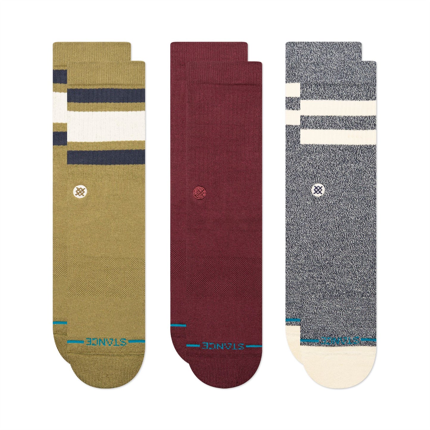 Stance Mens Crew Socks Mixed 3 Pack ~ Icon chive burgundy brown