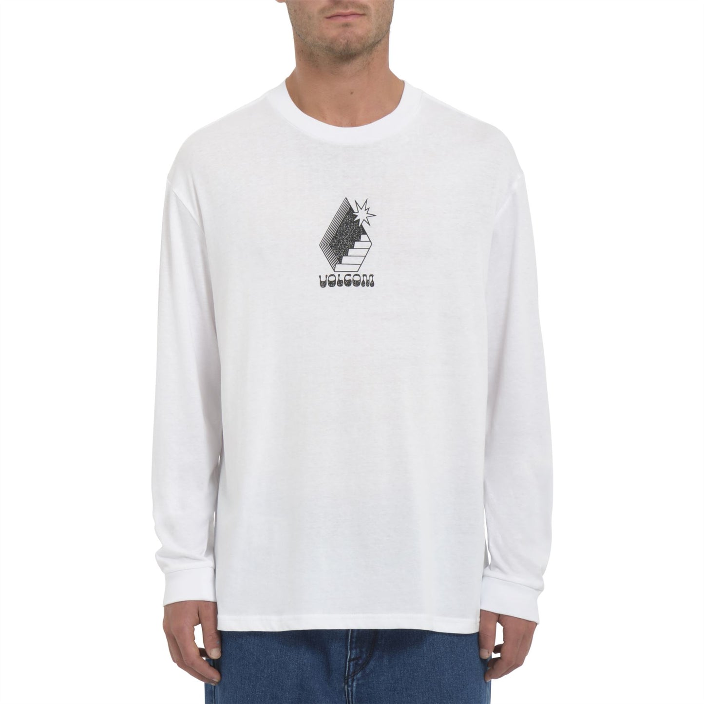 Volcom Mens LS Cotton Crew Neck T-Shirt ~ Stairway white